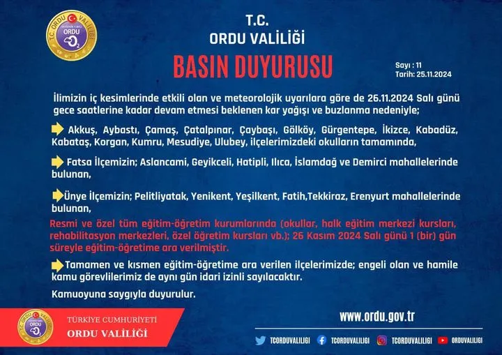 İç Kesimlerde Yoğun Kar Yağışı Nedeniyle Eğitime Bir Gün Daha Ara Verildi