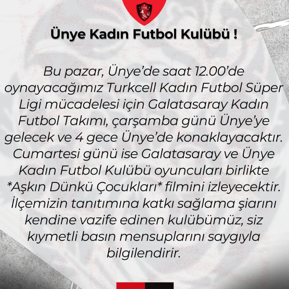 ÜNYE KADIN FUTBOL KULÜBÜ VE GALATASARAY, BİRLİKTE ÜNYE