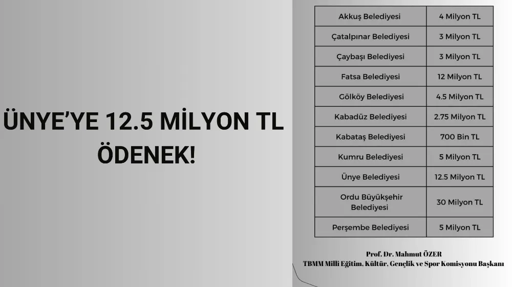 ÜNYE’YE 12.5 MİLYON TL ÖDENEK!