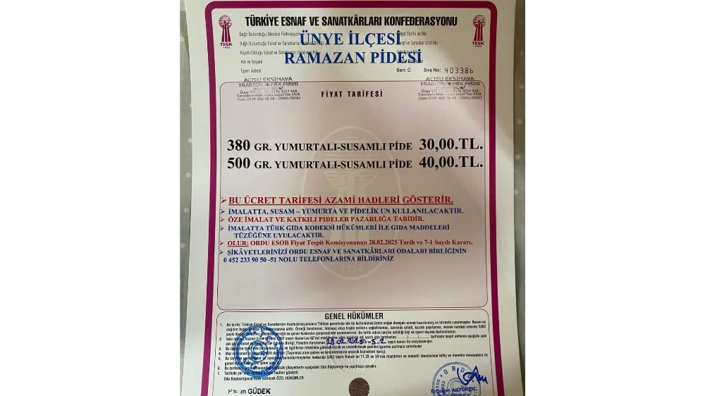 ÜNYE’DE RAMAZAN PİDE FİYATLARI BELLİ OLDU
