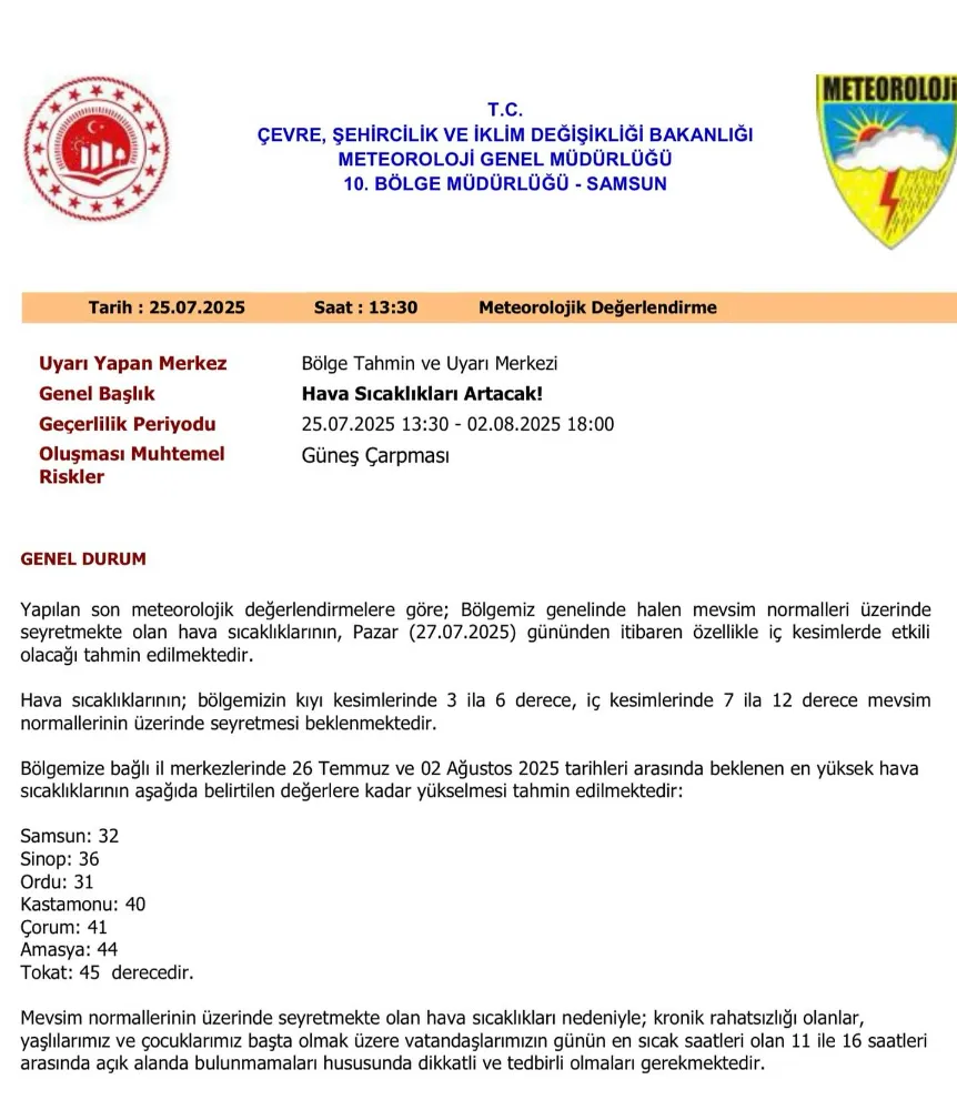 ORDU İÇİN METEOROLOJİK UYARI: SICAKLIKLAR ARTIYOR!