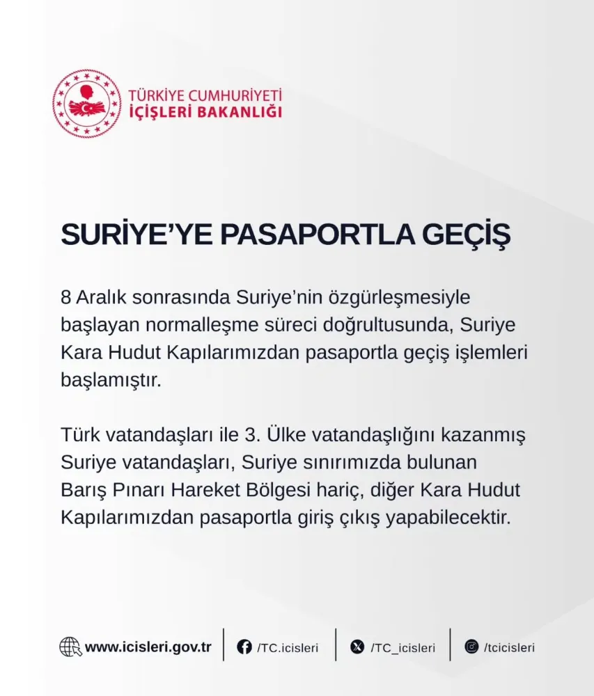 İÇİŞLERİ BAKANLIĞI DUYURDU : SURİYE’YE PASAPORTLA GEÇİŞ